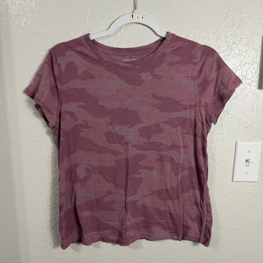 Athleta Womens Purple Camo Short Sleeve Cotton Slub Crew Neck Tee Shirt Size S